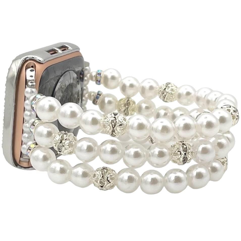 White Pearl Watch Band Compatible with Apple Watch Made with Imitation Pearls, Custom Sizing!