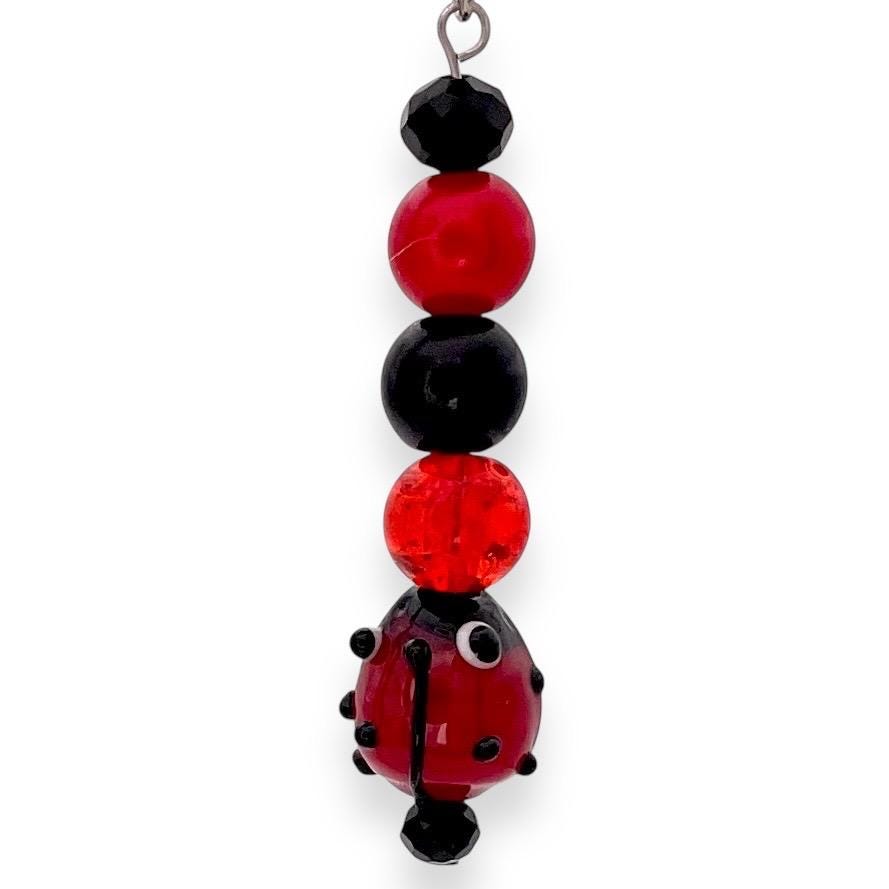 Ladybug Beaded Earrings - Handmade Red and Black Acrylic and Glass Bead Dangles, Nature-Inspired Jewelry for Women