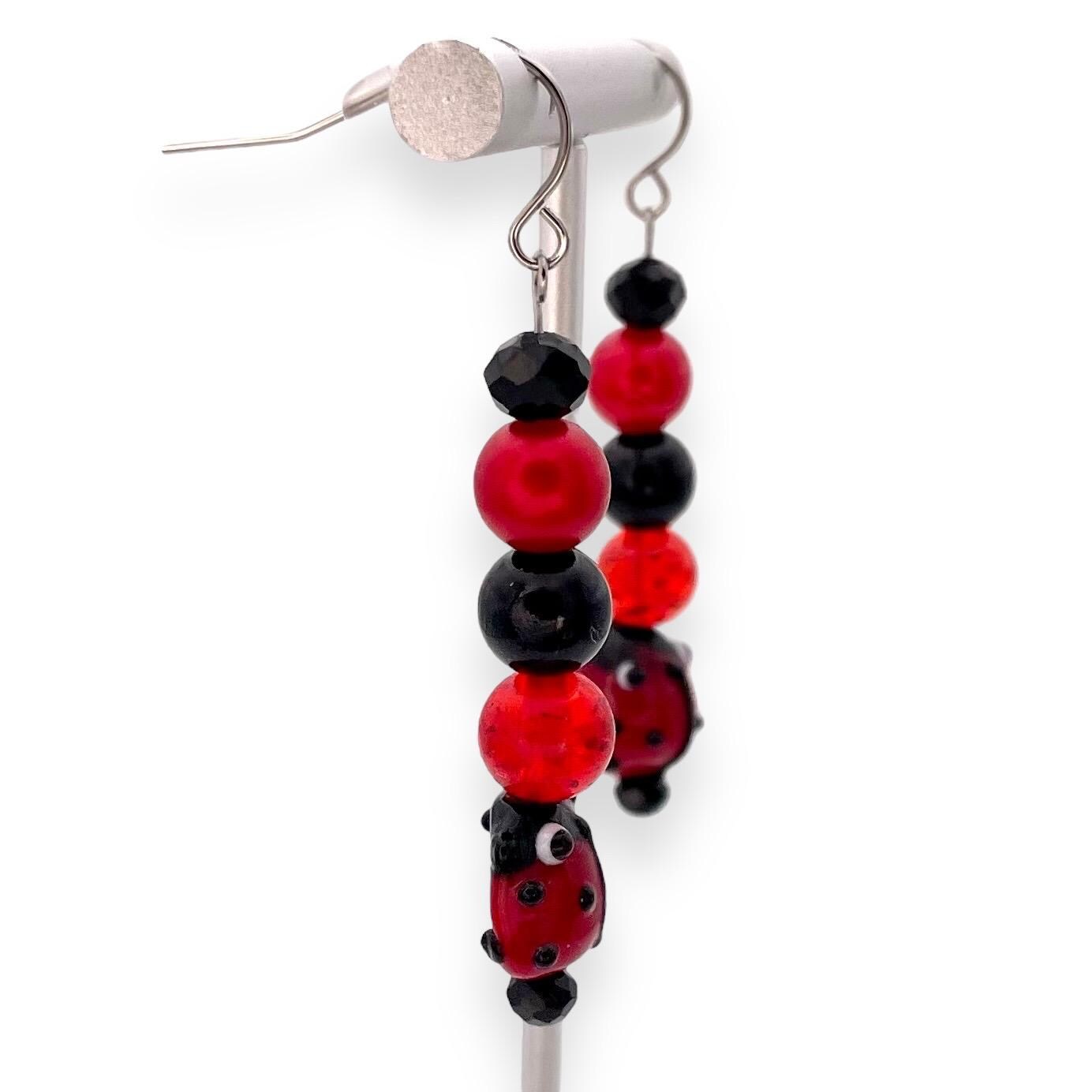 Ladybug Beaded Earrings - Handmade Red and Black Acrylic and Glass Bead Dangles, Nature-Inspired Jewelry for Women