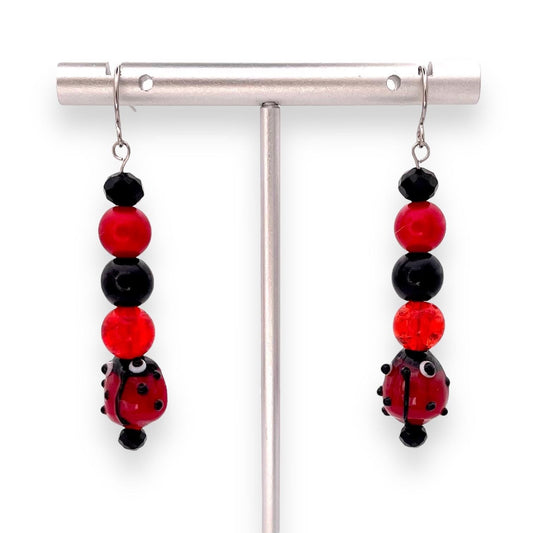 Ladybug Beaded Earrings - Handmade Red and Black Acrylic and Glass Bead Dangles, Nature-Inspired Jewelry for Women
