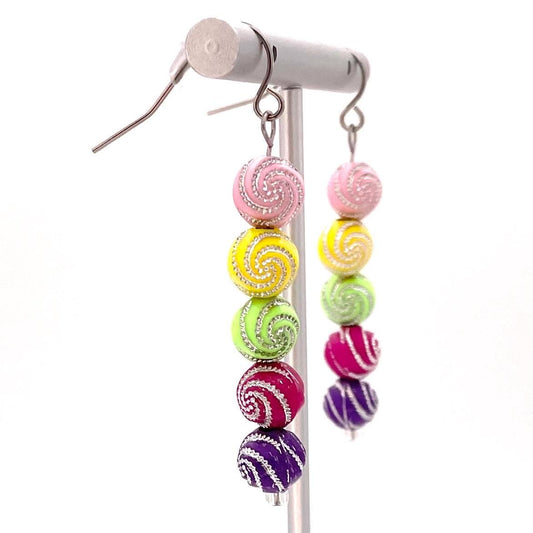 Vibrant Rainbow Swirl Beaded Dangle Earrings - Colorful Handmade Jewelry for Women