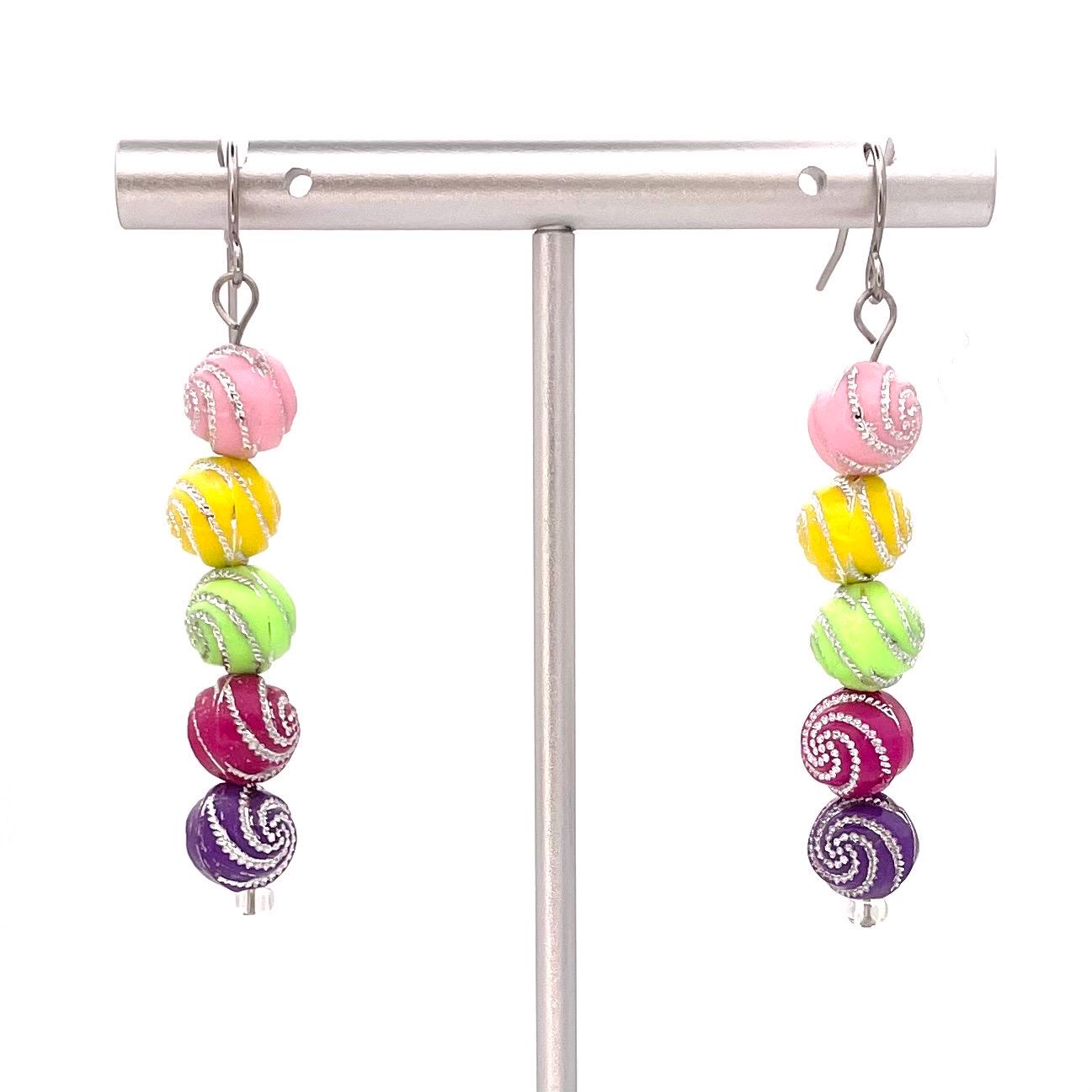 Vibrant Rainbow Swirl Beaded Dangle Earrings - Colorful Handmade Jewelry for Women