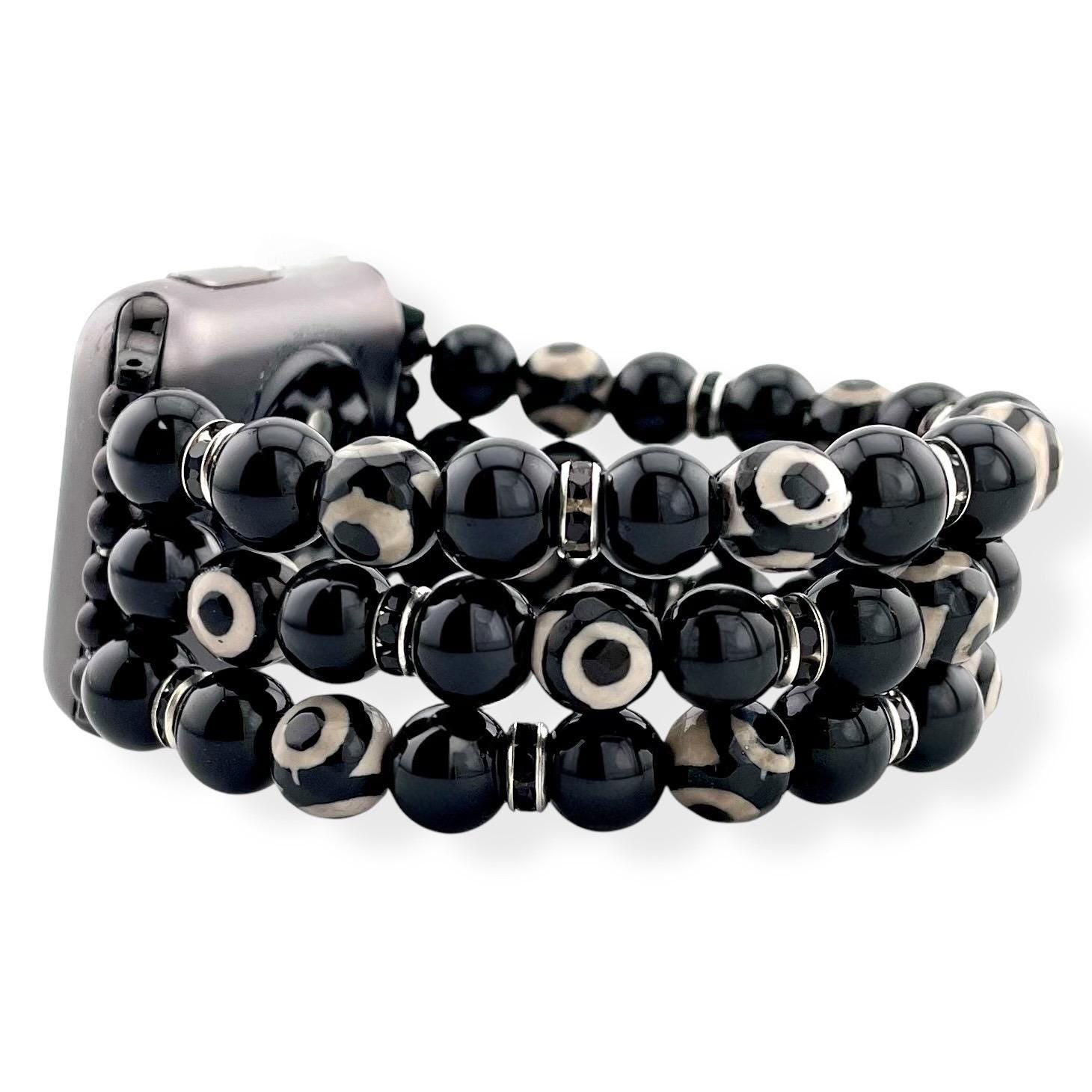 Black Onyx and Three-Eye Dzi Agate Beaded Stretch Watch Band – Apple & Samsung Compatible