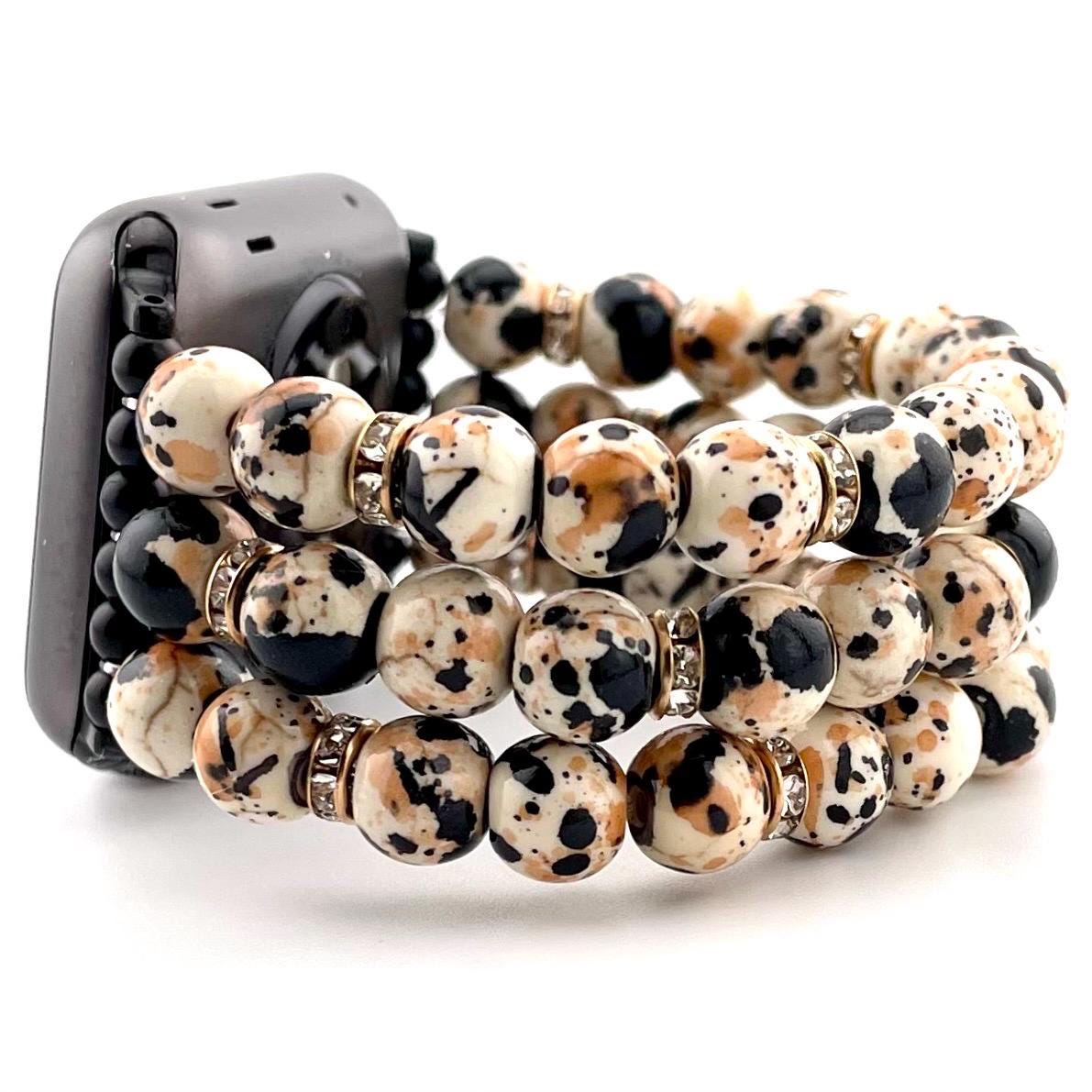 Calico Turquoise Beaded Watch Band - Speckled Natural Stone with Black, Tan & Cream – Stretchy Bracelet Band for Apple / Samsung Watches