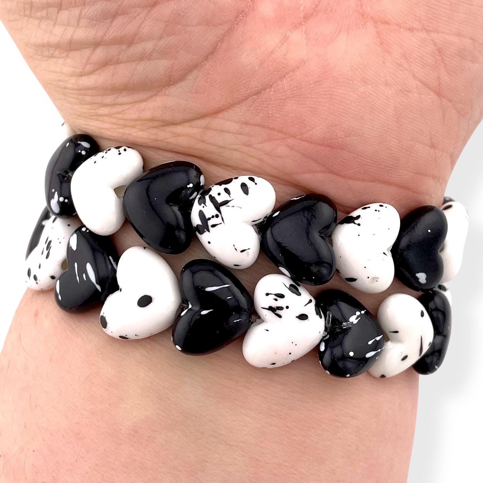 Black and White Heart Beaded Watch Band – Stretch Bracelet Strap for Apple Watch and Samsung Galaxy Watch