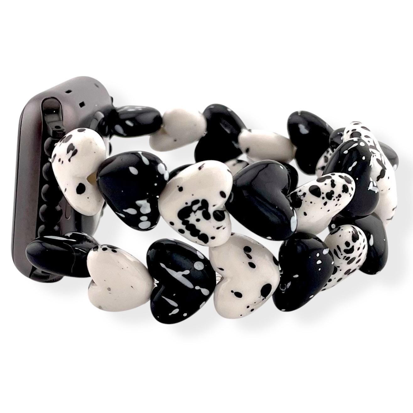 Black and White Heart Beaded Watch Band – Stretch Bracelet Strap for Apple Watch and Samsung Galaxy Watch