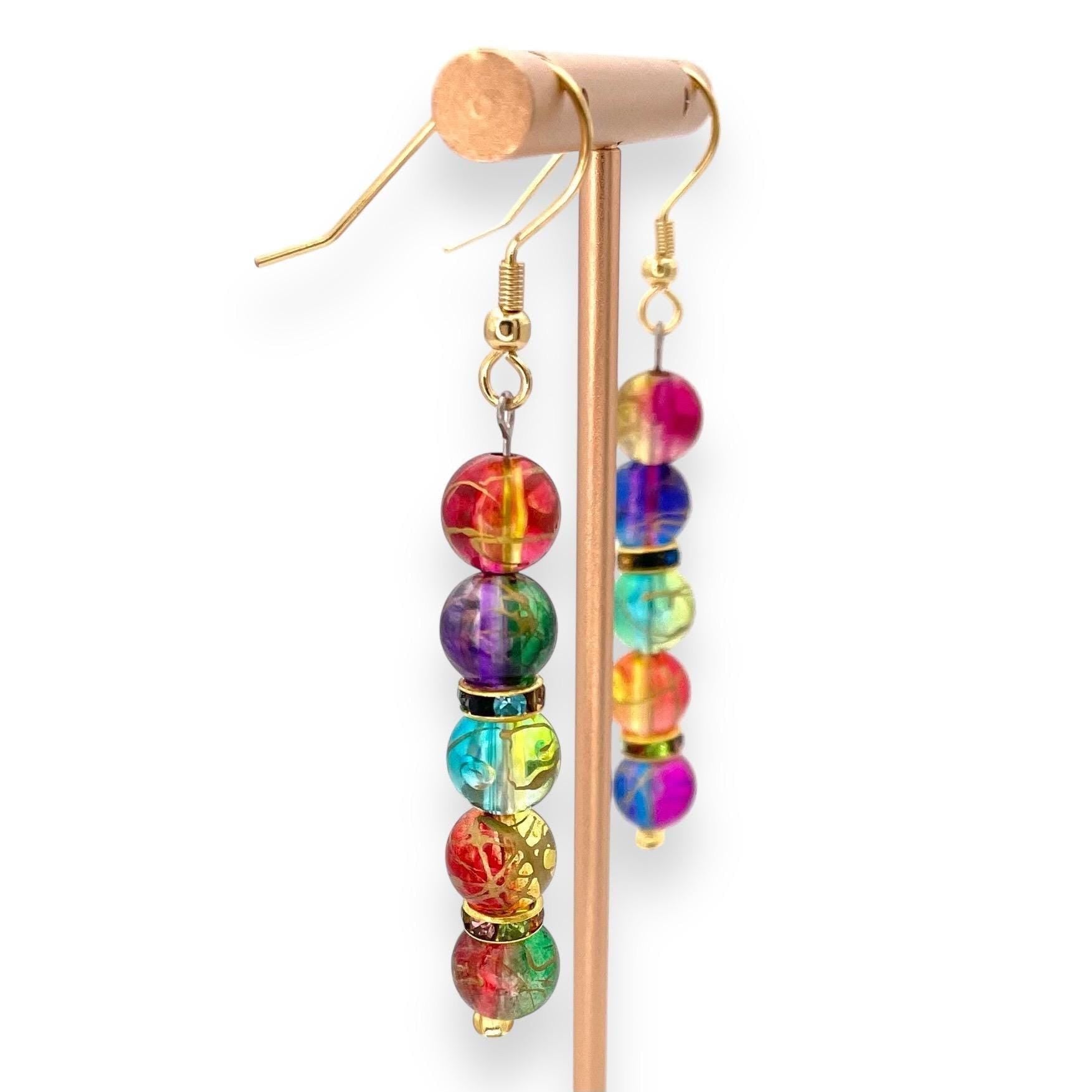 Vibrant Rainbow Swirl Beaded Dangle Earrings - Colorful Handmade Jewelry for Women