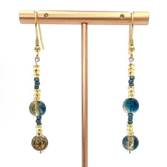 Gold and Teal Beaded Dangle Earrings | Handmade Jewelry for Everyday Elegance