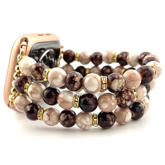 Custom Marbled Brown Watch Band for Apple & Samsung Watches – Elegant Beaded Bracelet