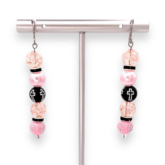 Pink and Black Cross Beaded Earrings, Handmade Religious Jewelry, Faith-Inspired Dangle Earrings