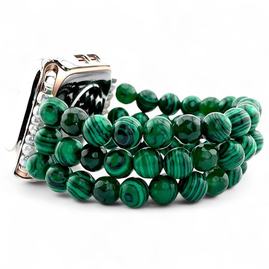 Custom Green Malachite Stone and Glass Beaded Apple Watch Band – Multi-Strand Bracelet Style