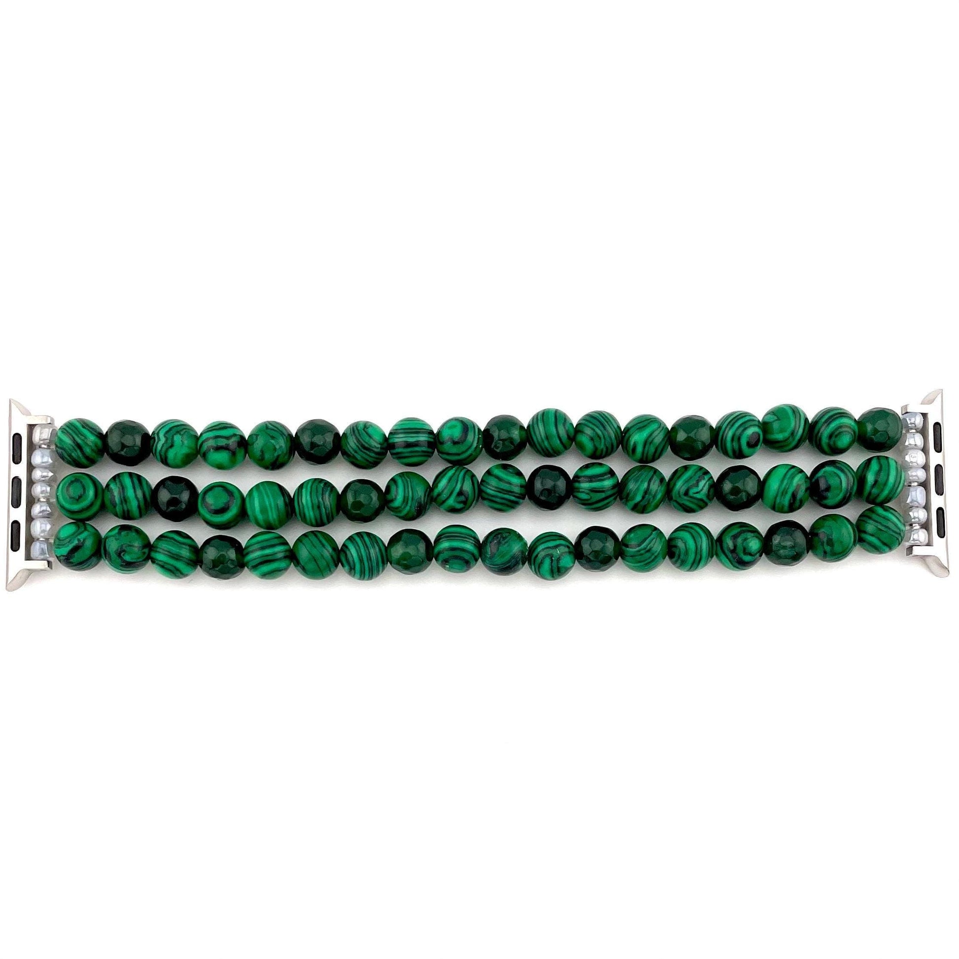 Custom Green Malachite Stone and Glass Beaded Apple Watch Band – Multi-Strand Bracelet Style