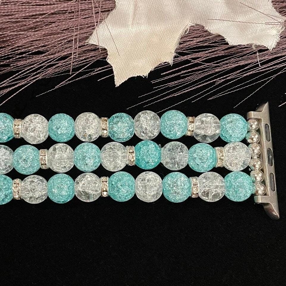 Blue and White Watch Band Compatible with Apple Watch with Glass Crackle Glass Crystal Beads