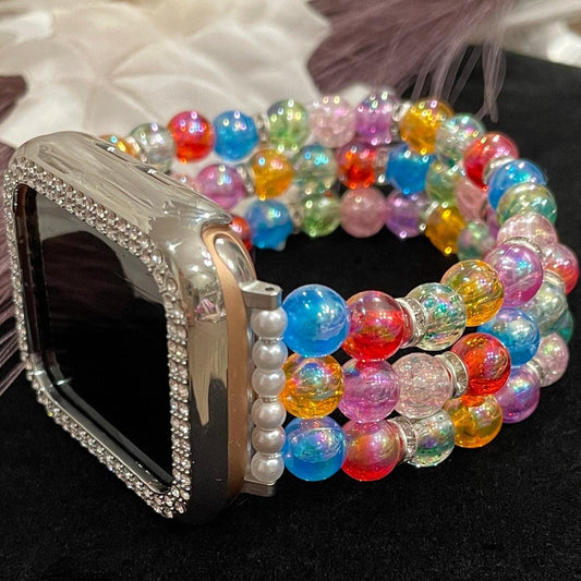 Rainbow Watch Band Compatible with Apple Watch with Acrylic, Imitation Pearl, and Rhinestone Beads