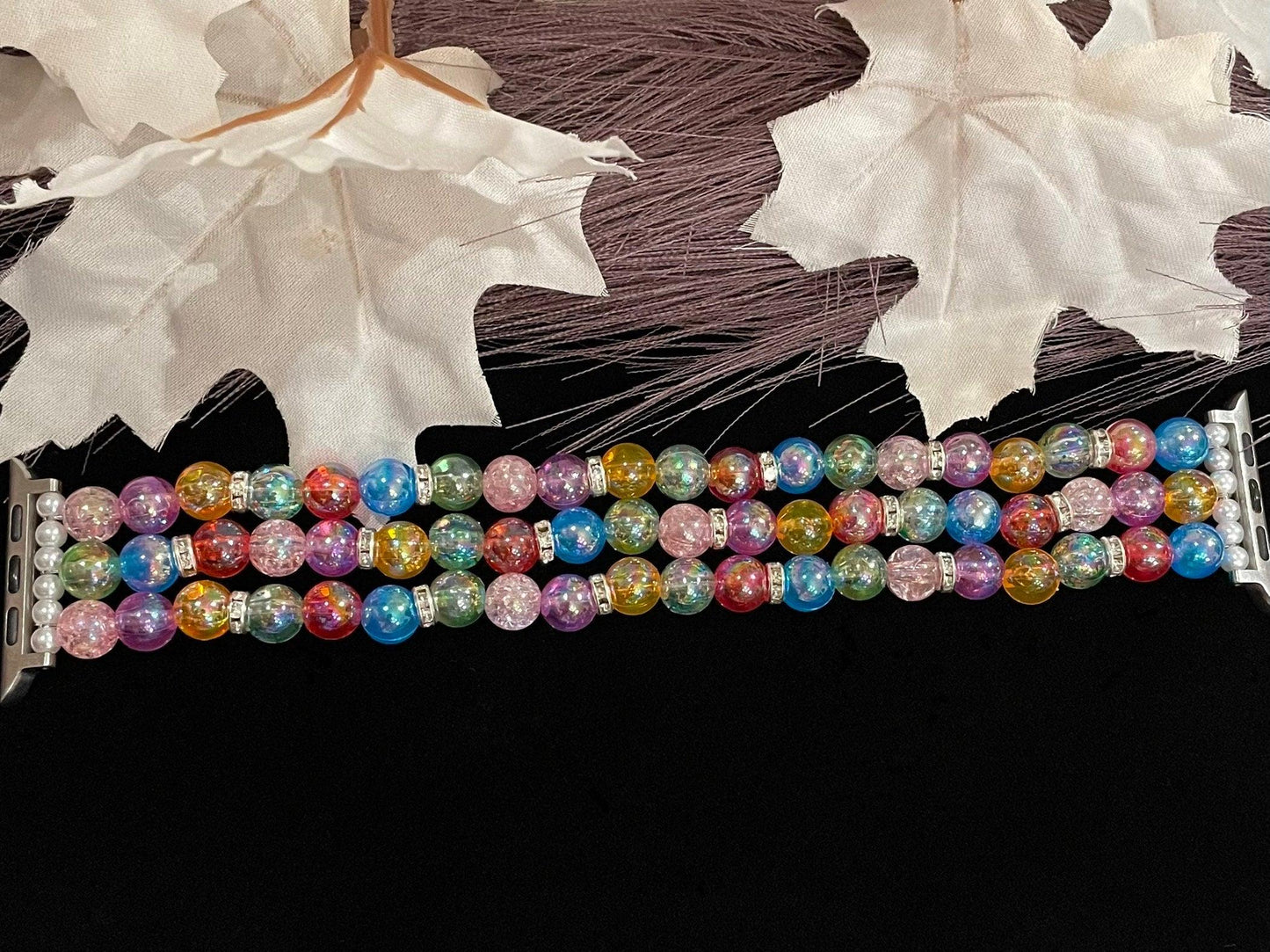 Rainbow Watch Band Compatible with Apple Watch with Acrylic, Imitation Pearl, and Rhinestone Beads