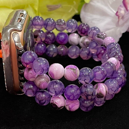 Purple Watch Band Compatible with Apple Watch with Glass Dragon Vein and Acrylic Beads