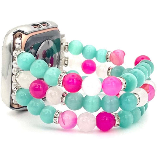 Rose Agate, White Jade and Glass Beaded Watch Band Compatible with Apple Watch
