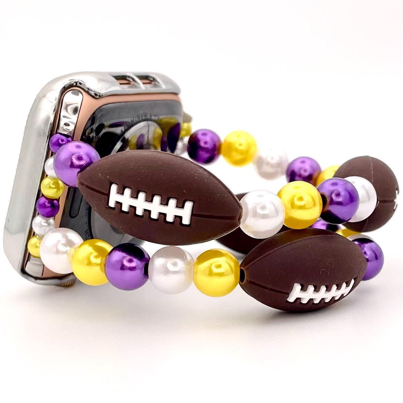 Custom Colored Football Watch Band Compatible with Apple Watch with Silicone Football and Imitation Pearls, Customizable For Team Colors!