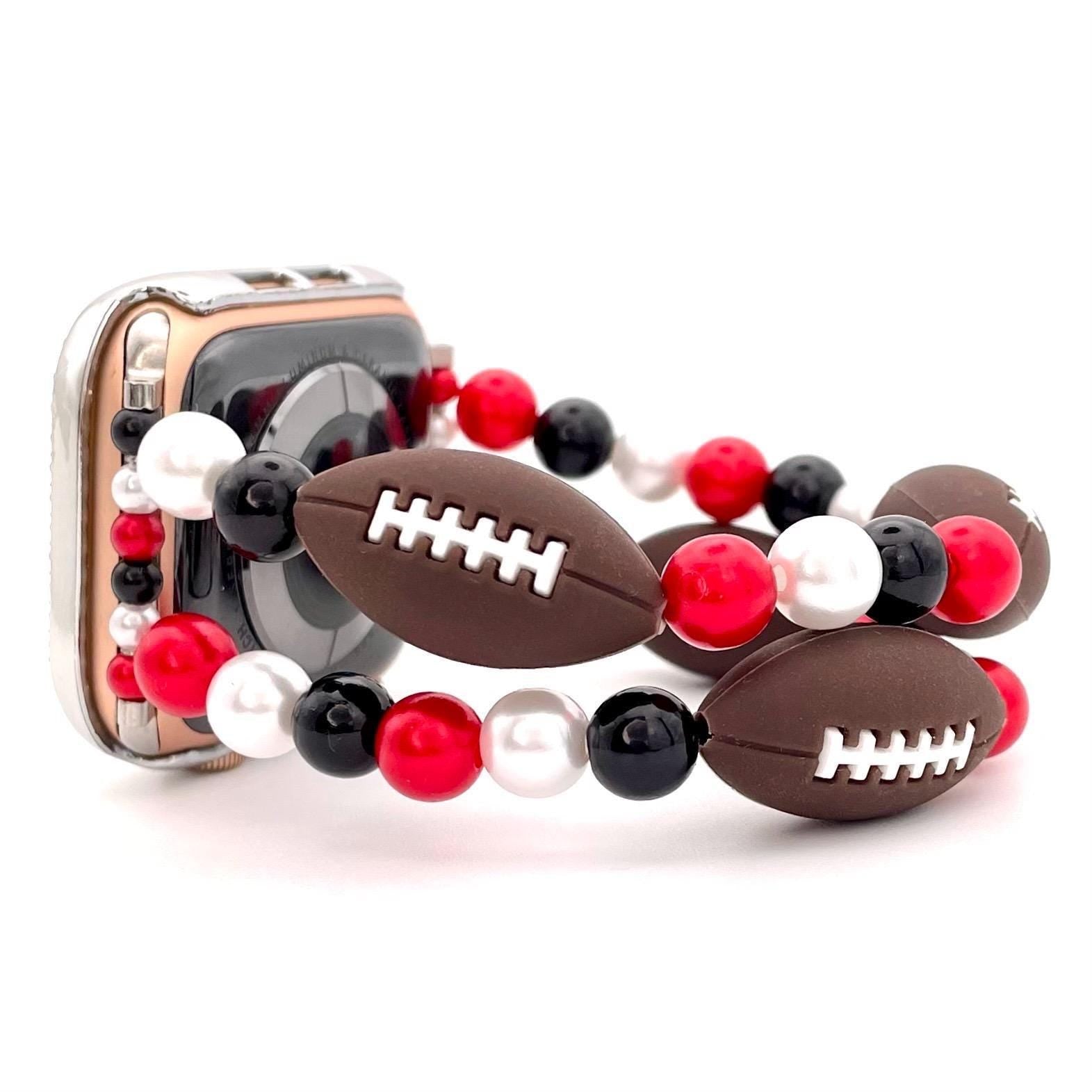 Custom Colored Football Watch Band Compatible with Apple Watch with Silicone Football and Imitation Pearls, Customizable For Team Colors!