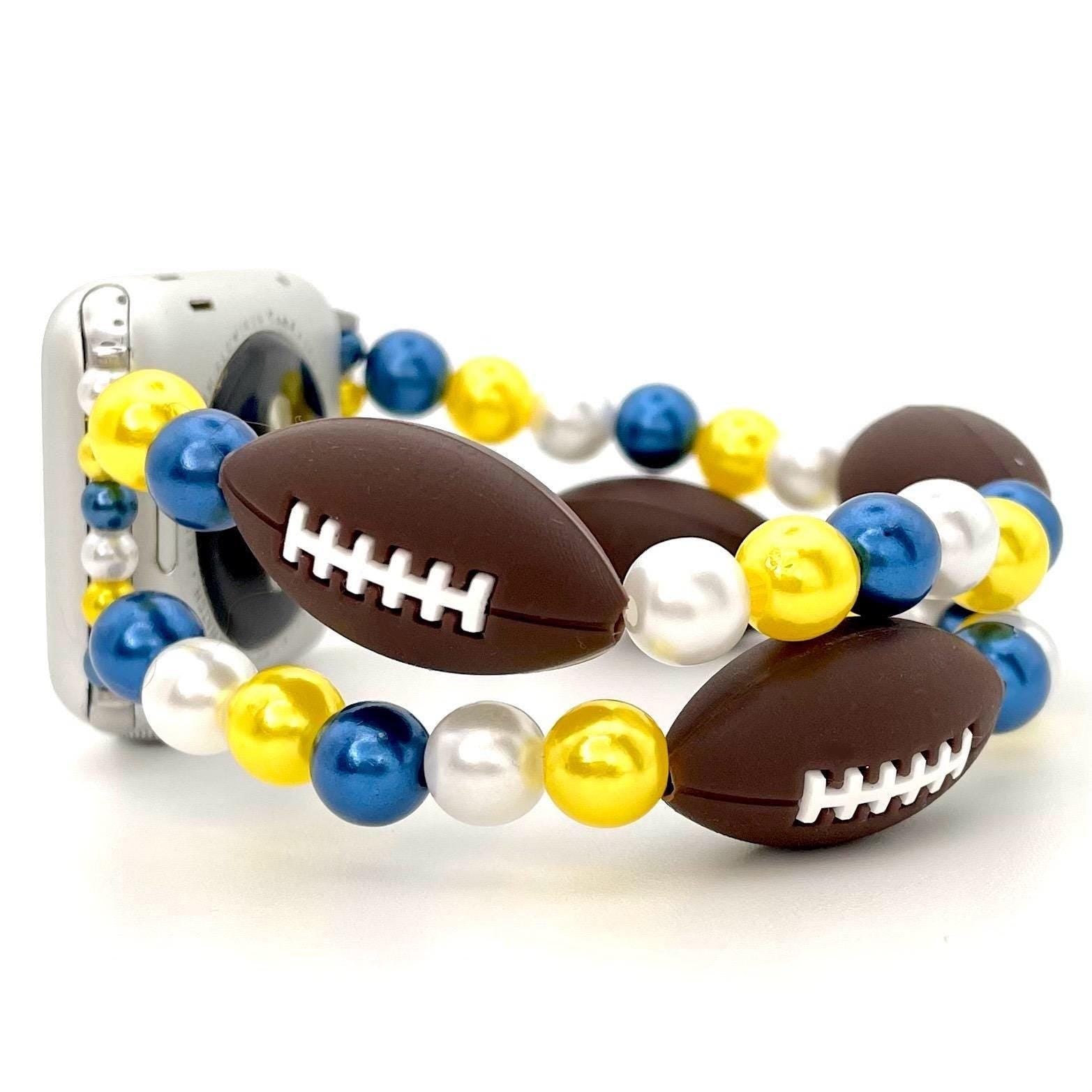 Custom Colored Football Watch Band Compatible with Apple Watch with Silicone Football and Imitation Pearls, Customizable For Team Colors!