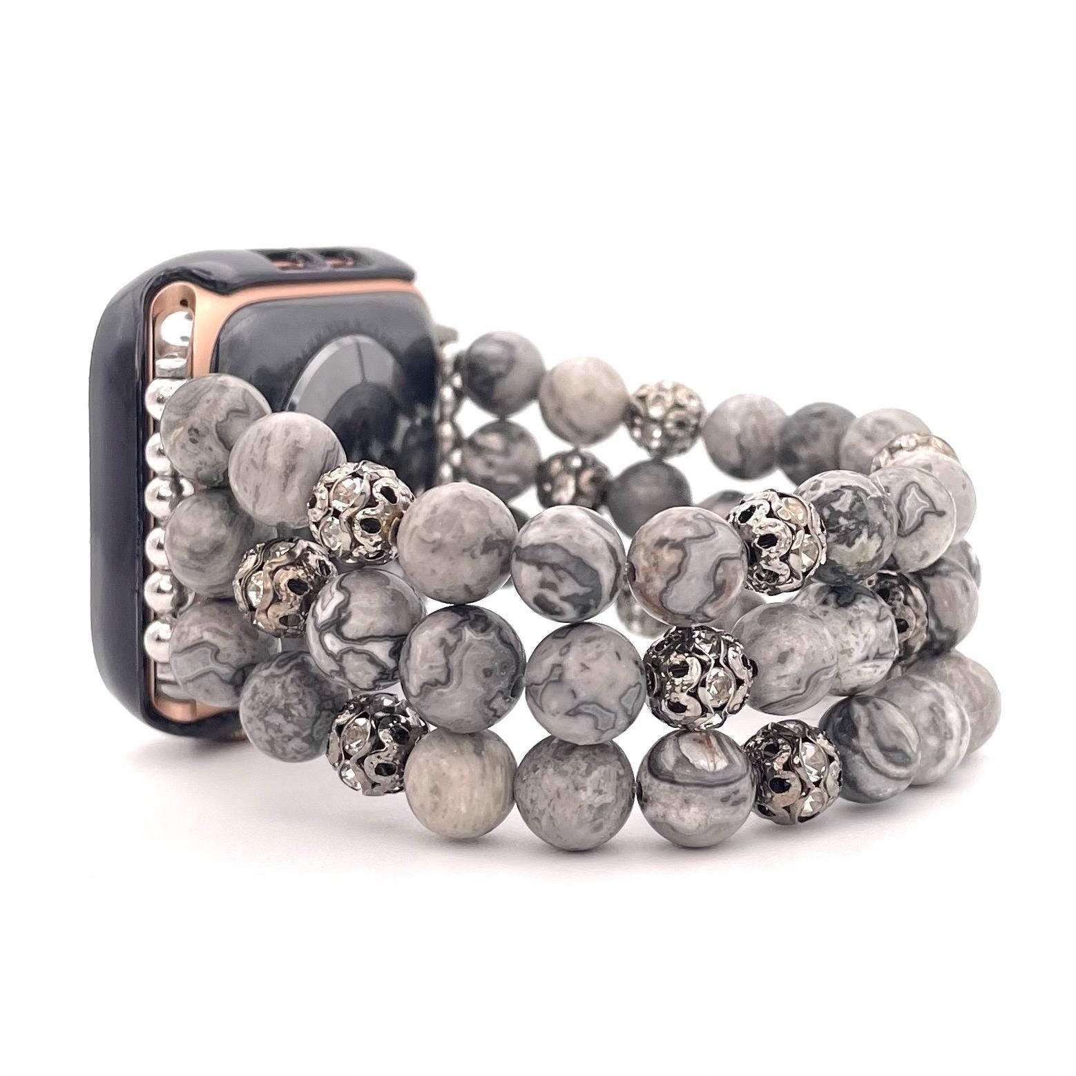 Shades of Grey Dressy Stone Apple Watch Band Compatible with Apple Watch Made with Stone and Rhinestone Beads