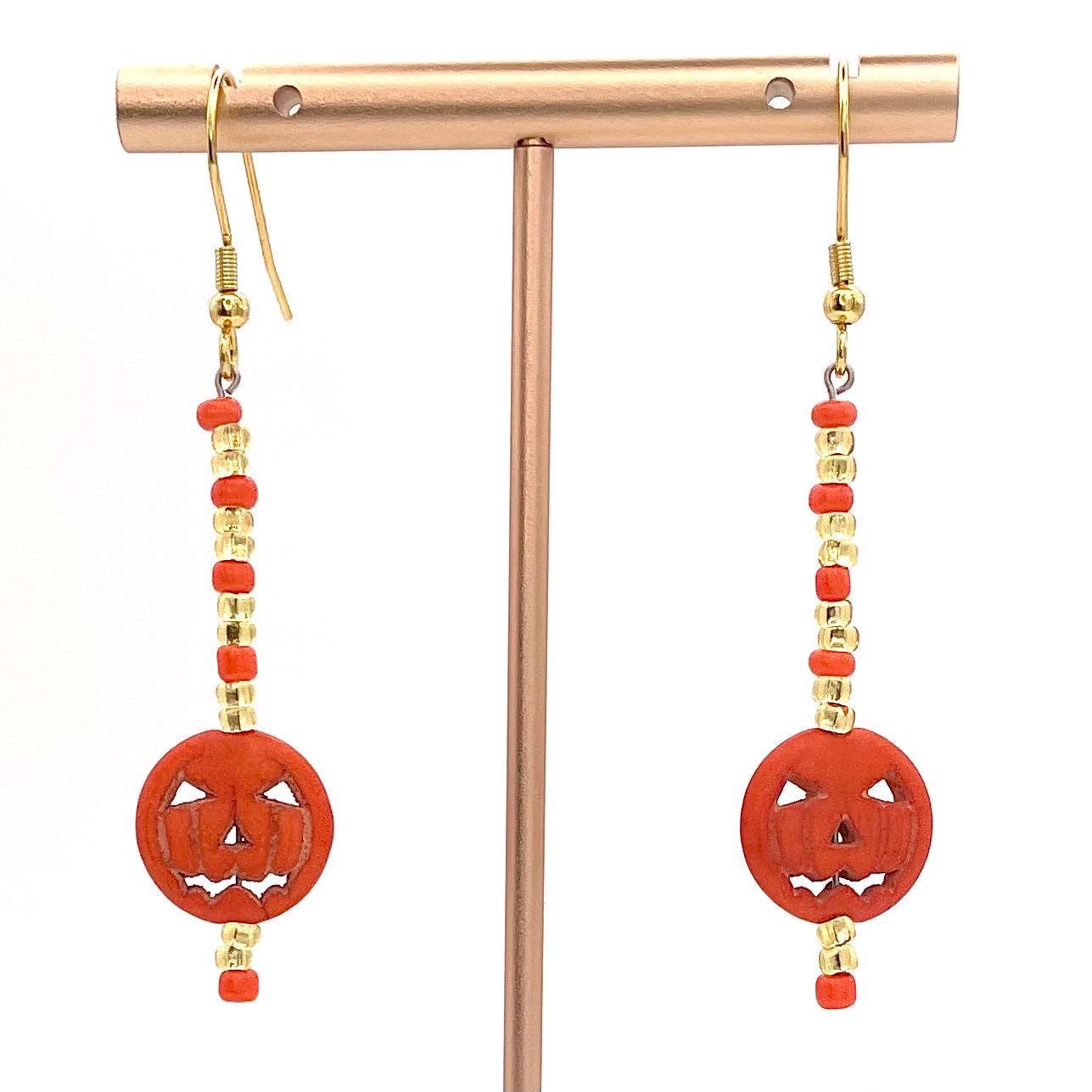 Beaded Fall Pumpkin Jack O Lantern Halloween Earrings Made with Gold Finished Stainless Steel Earring Hooks