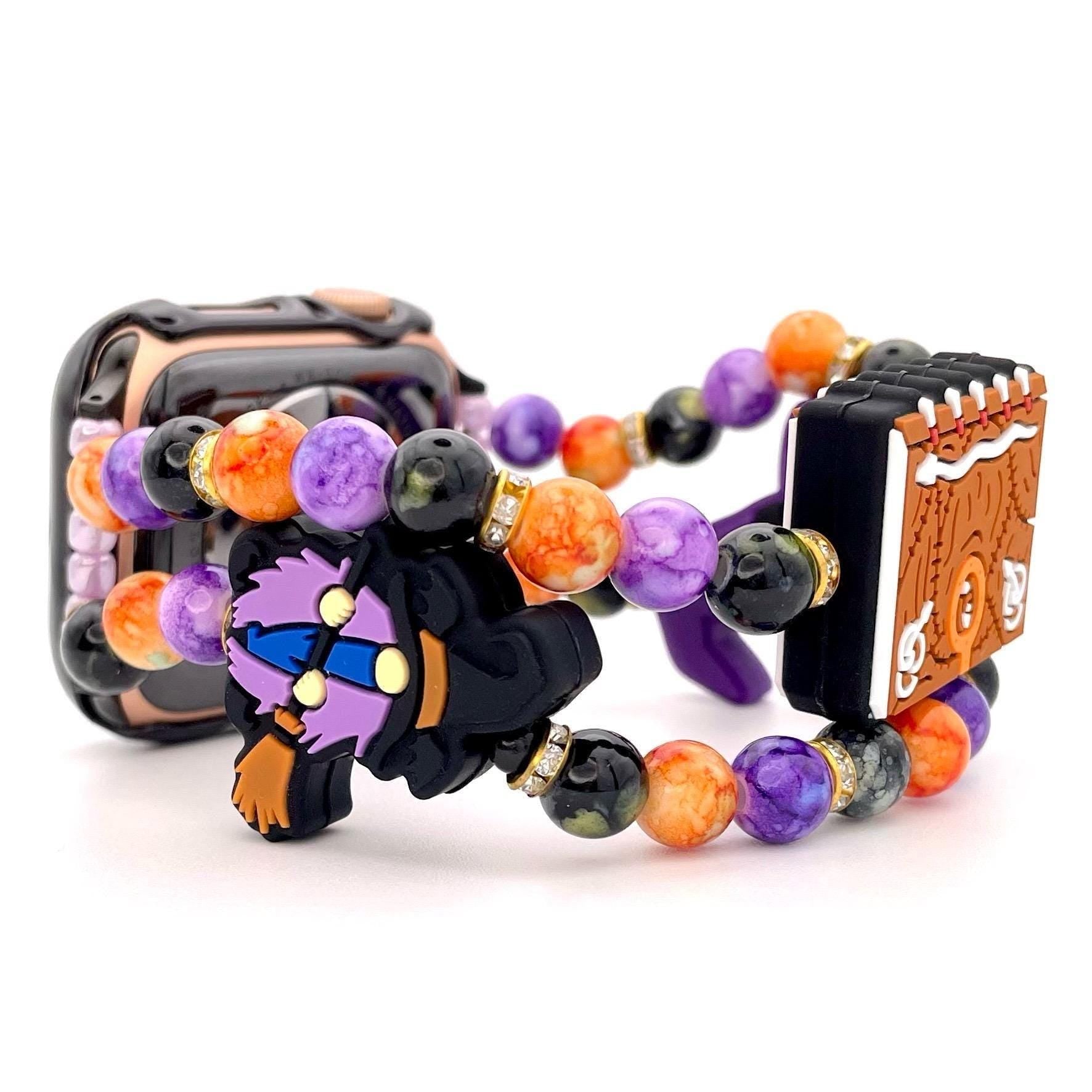 Witchy Halloween Beaded Apple Watch Band | Witch Charm, Spell Book, Purple & Orange Bracelet Style | Compatible with Apple Watch Series