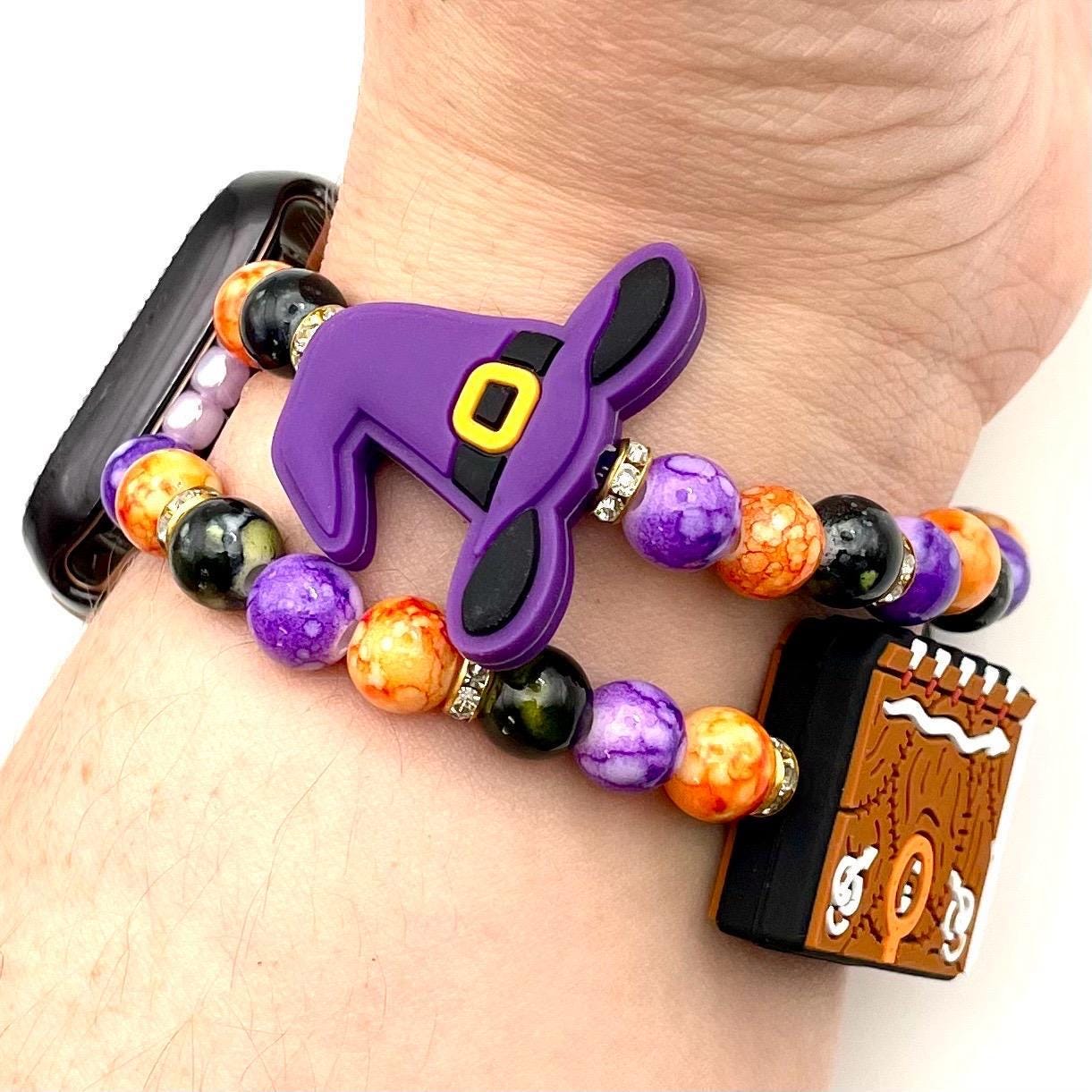 Witchy Halloween Beaded Apple Watch Band | Witch Charm, Spell Book, Purple & Orange Bracelet Style | Compatible with Apple Watch Series