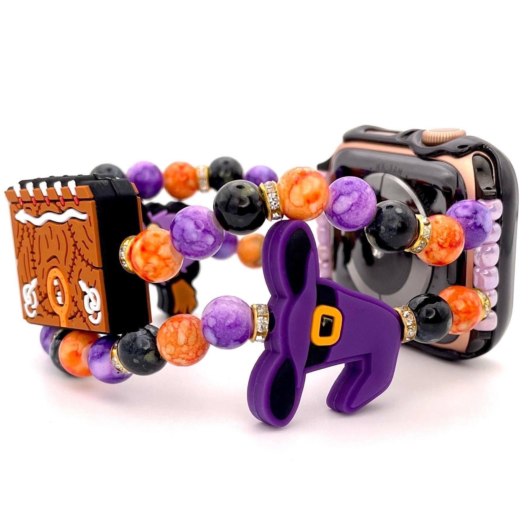Witchy Halloween Beaded Apple Watch Band | Witch Charm, Spell Book, Purple & Orange Bracelet Style | Compatible with Apple Watch Series
