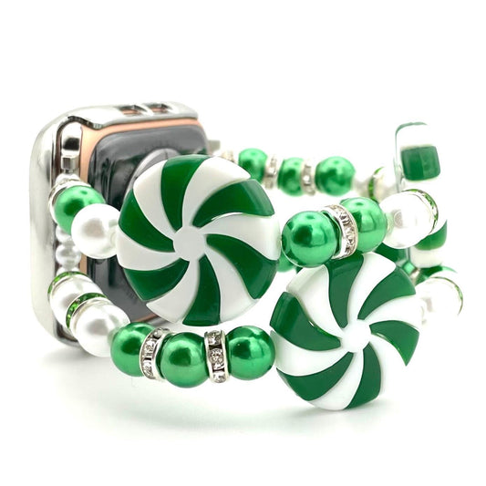 Green Peppermint Candy Holiday Apple Watch Band – Festive Green and White Christmas Beaded Band for Smartwatches