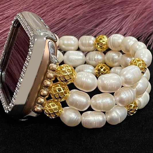 Cultured Freshwater Pearl Watch Band Compatible with Apple Watch with 18 Karat Gold Plated Beads, Custom Sizing!