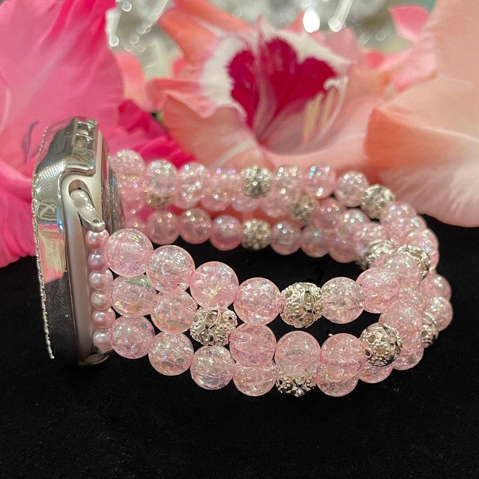 Pink Watch Band Compatible with Apple Watch with Acrylic Crackle and Rhinestone Beads