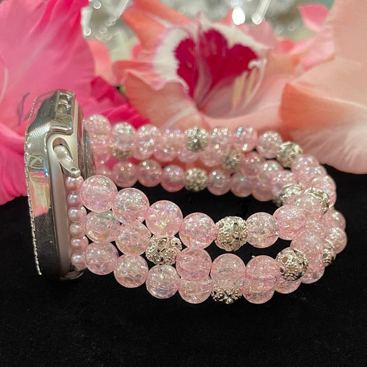 Pink Watch Band Compatible with Apple Watch with Acrylic Crackle and Rhinestone Beads