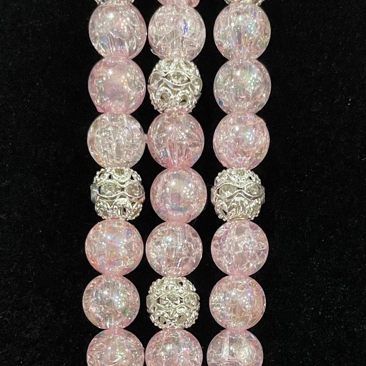 Pink Watch Band Compatible with Apple Watch with Acrylic Crackle and Rhinestone Beads