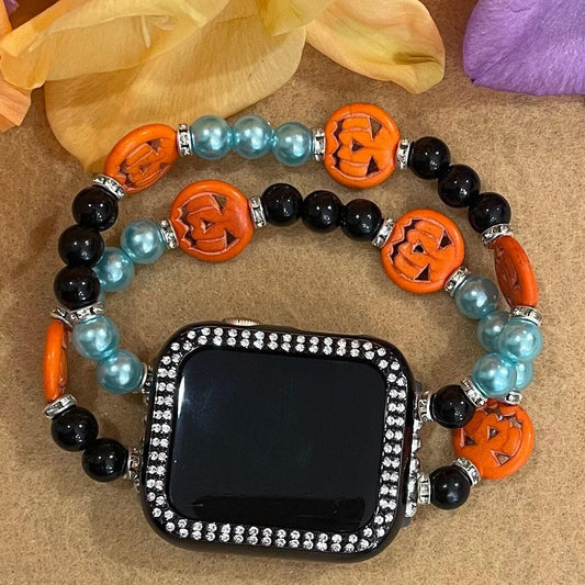 Teal Halloween Watch Band Compatible with Apple Watch Made With Howlite Pumpkin, Imitation Pearl, and Rhinestone Beads