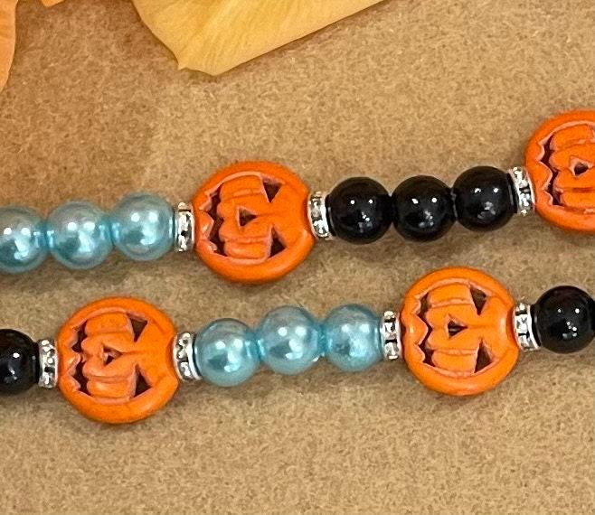 Teal Halloween Watch Band Compatible with Apple Watch Made With Howlite Pumpkin, Imitation Pearl, and Rhinestone Beads