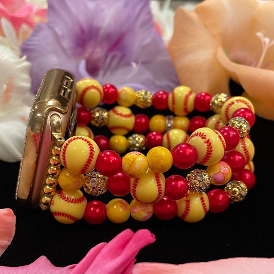 Softball Watch Band Compatible with Apple Watch Made with Acrylic Softball, Imitation Pearl, and Rhinestone Beads