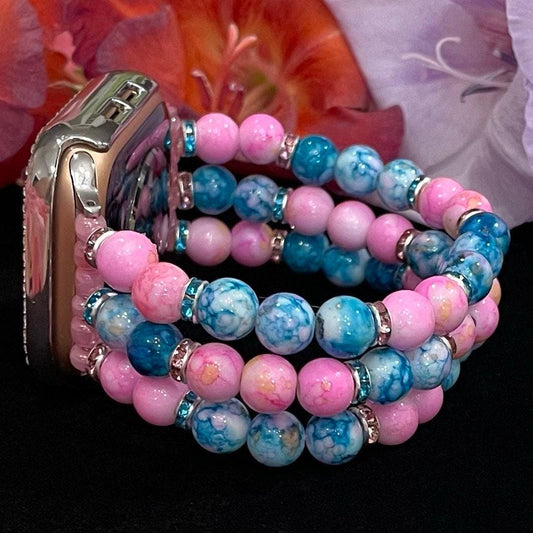 Pink and Teal Watch Band Compatible with Apple Watch Made With Acrylic and Rhinestone Beads