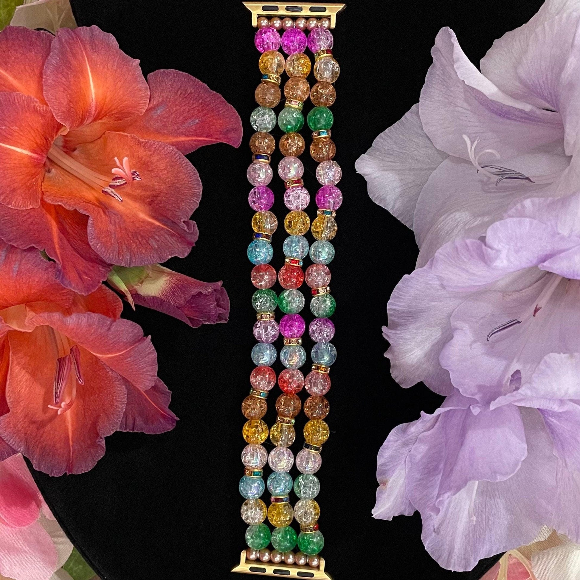 Colorful Watch Band Compatible with Apple Watch Made With Crackle Acrylic, Imitation Pearl, and Rhinestone Beads
