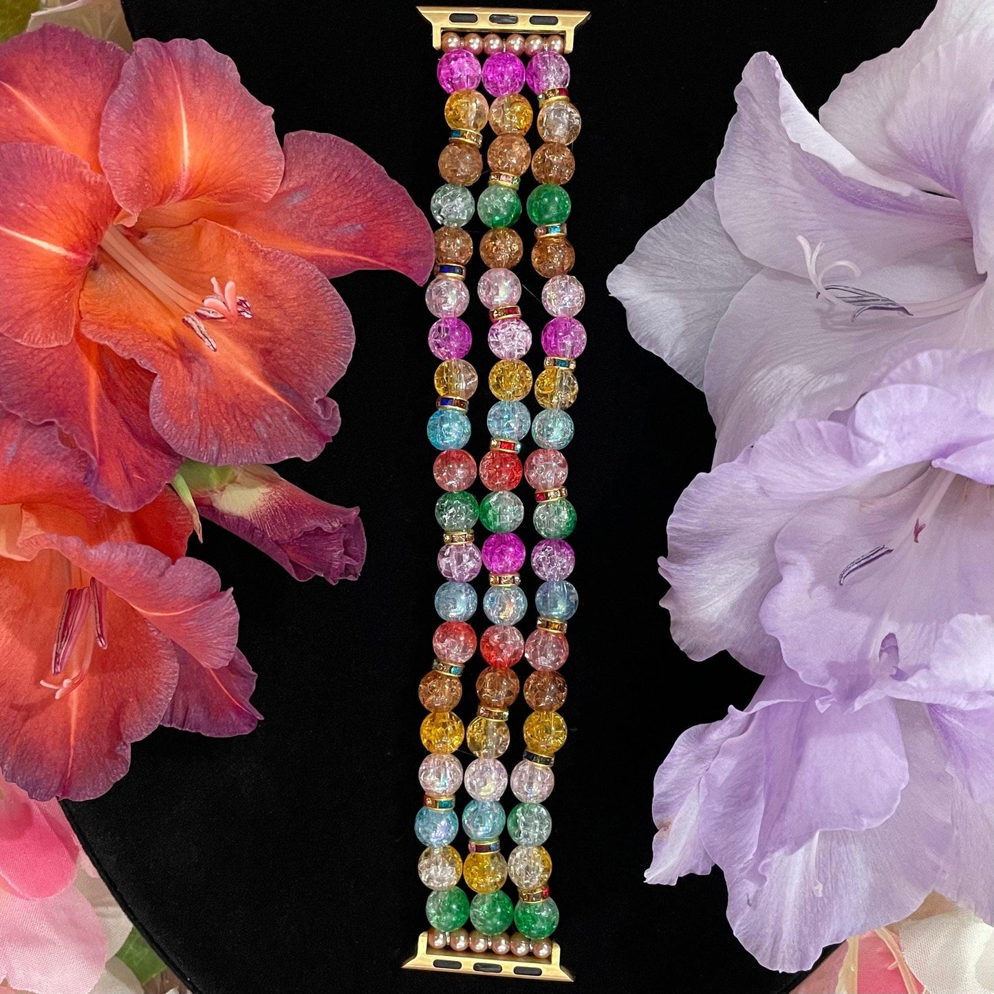 Colorful Watch Band Compatible with Apple Watch Made With Crackle Acrylic, Imitation Pearl, and Rhinestone Beads