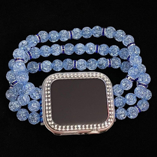 Blue Watch Band Compatible with Apple Watch Made With Crackle Acrylic, Imitation Pearl, and Rhinestone Beads