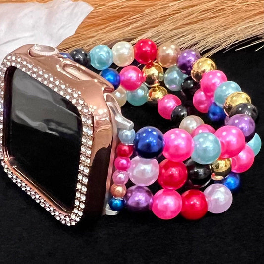 Rainbow Watch Band Compatible with Apple Watch with Imitation Pearls, Custom Sizing!