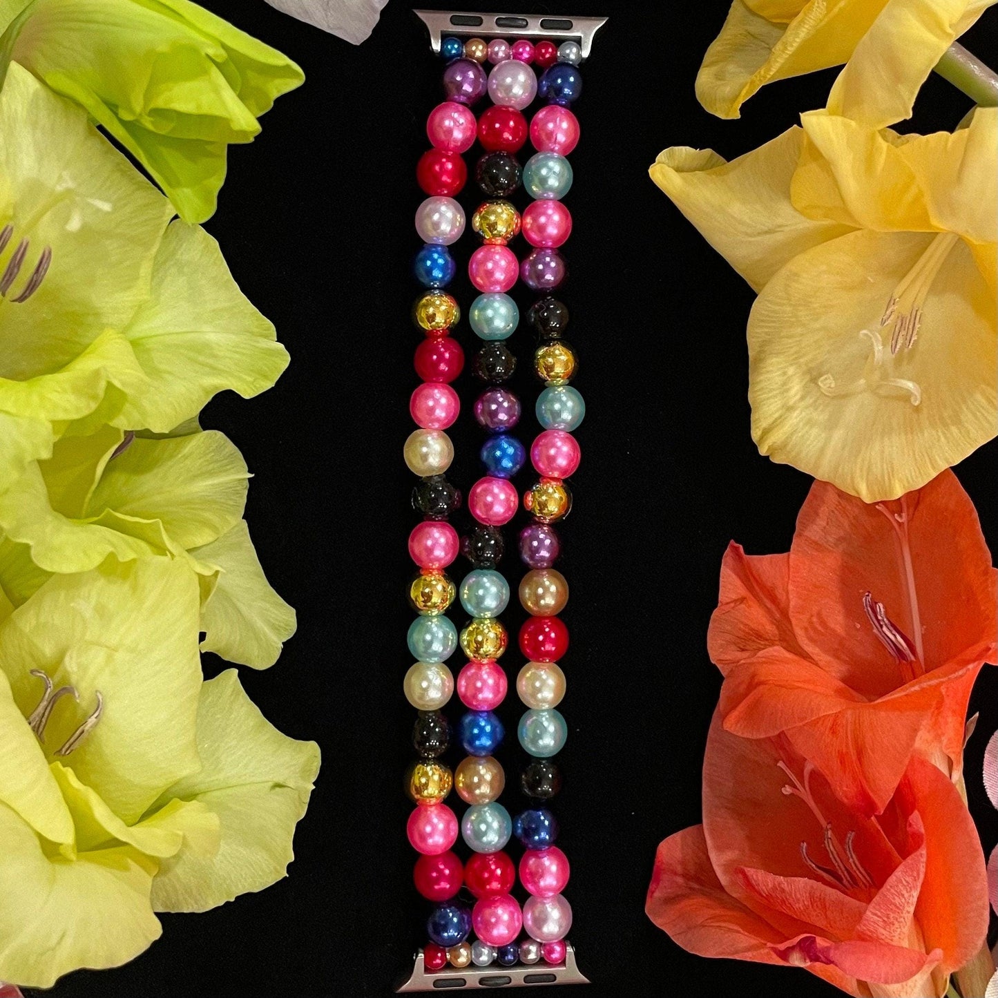 Rainbow Watch Band Compatible with Apple Watch with Imitation Pearls, Custom Sizing!