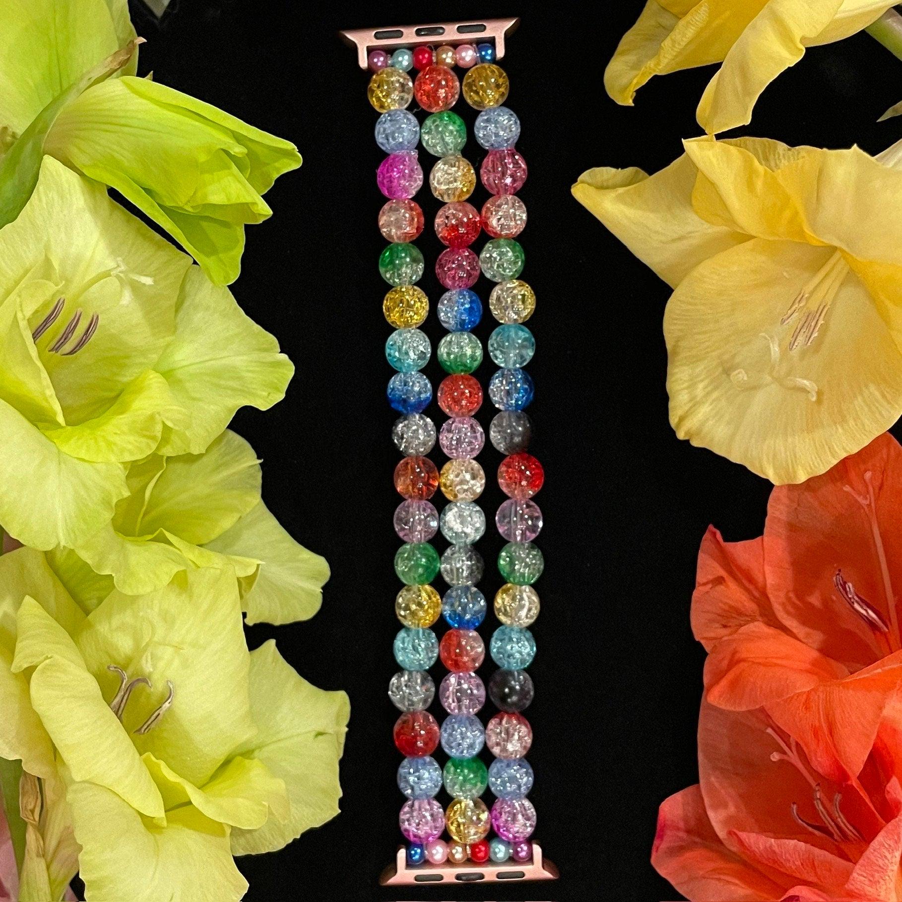 Rainbow Watch Band Compatible with Apple Watch Made with Acrylic Crackle, Imitation Pearl, and Rhinestone Beads