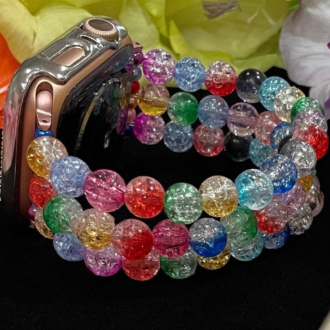 Rainbow Watch Band Compatible with Apple Watch Made with Acrylic Crackle, Imitation Pearl, and Rhinestone Beads