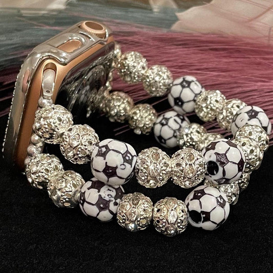 Soccer Watch Band Compatible with Apple Watch with Acrylic Soccer Ball and Rhinestone Beads