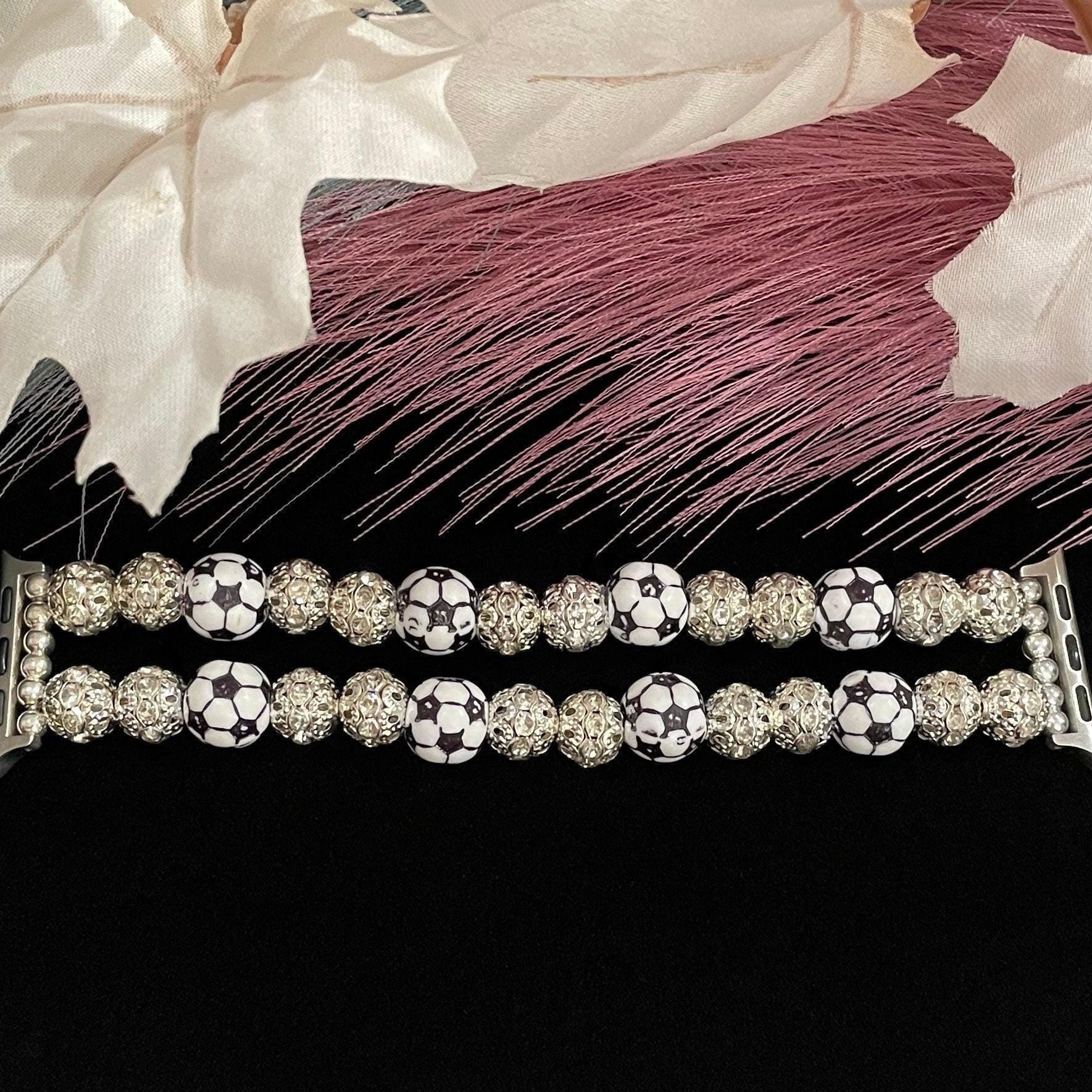 Soccer Watch Band Compatible with Apple Watch with Acrylic Soccer Ball and Rhinestone Beads