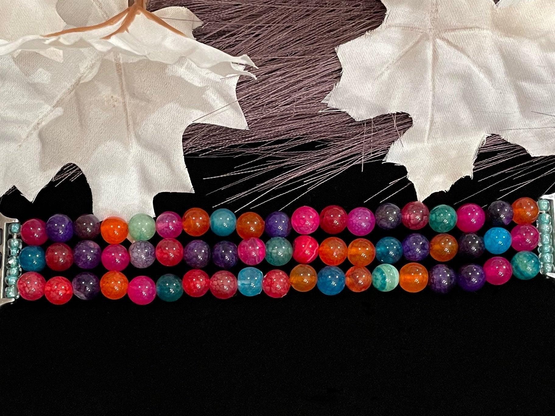 Colorful Watch Band Compatible with Apple Watch with Colorful Black Dragon Pattern Agate Beads