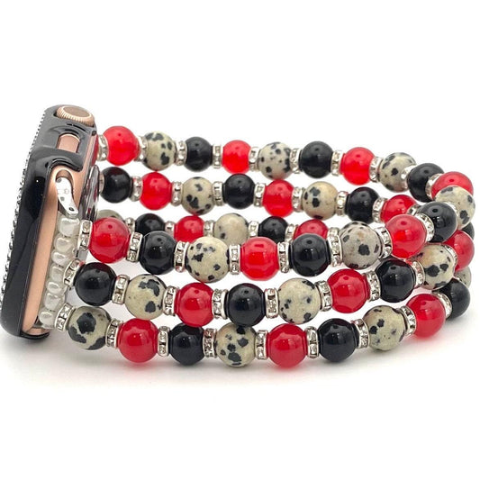 Leopard Watch Band Made With Natural Stone, Natural Black Onyx Agate, Red Glass, and Rhinestone Beads. Compatible with Apple Watch.