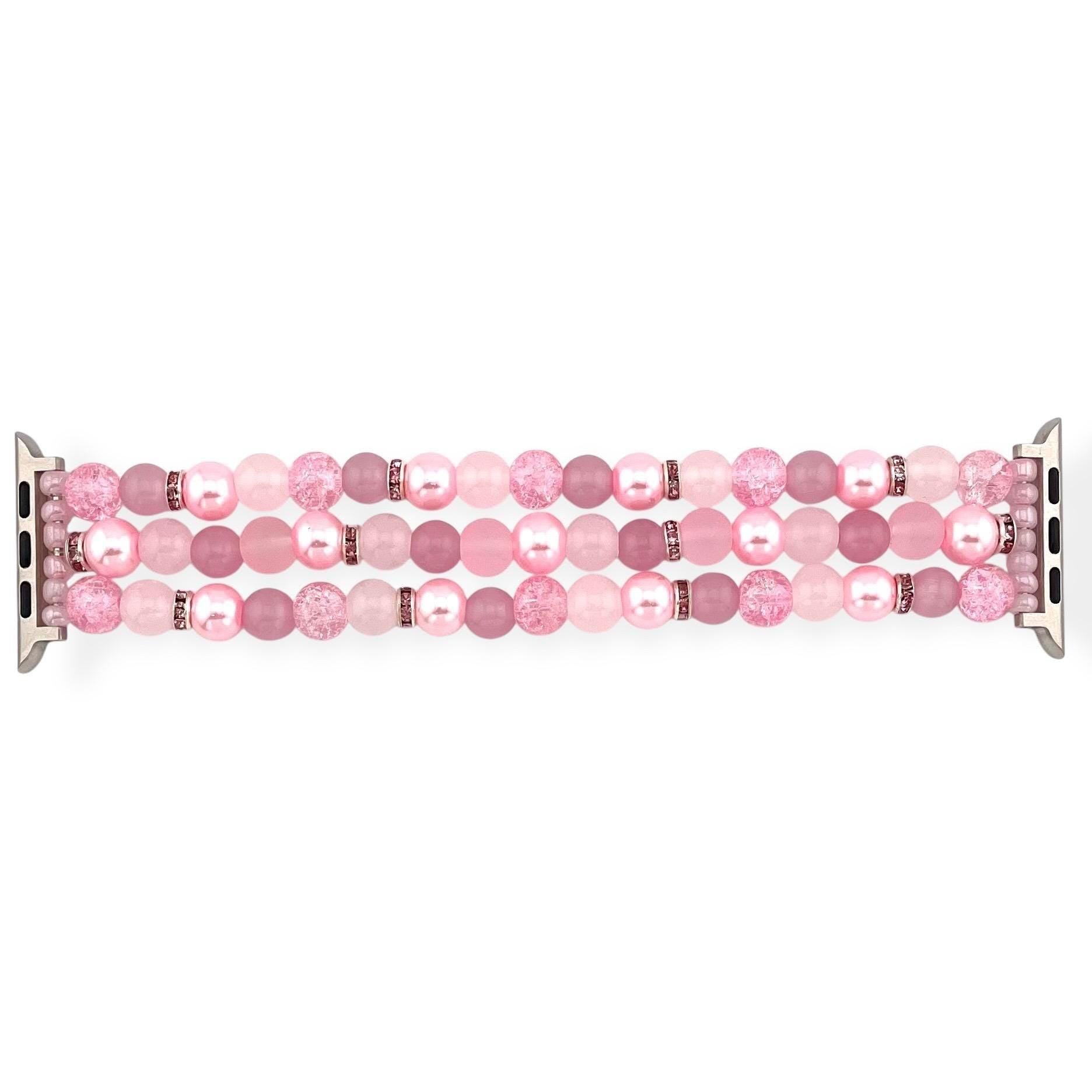 Pastel Pink Watch Band Bracelet Compatible with Apple Watch. Made with Glass Beads, Imitation Pearls & Rhinestones.